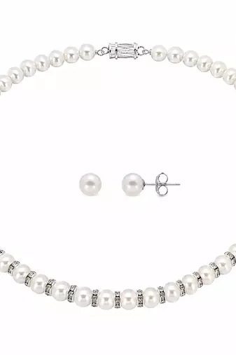 Pearl necklace and stud earrings set, white, crystal rondelle spacers, silver-tone clasp, bridal jewellery