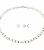 Pearl necklace and stud earrings set, white, crystal rondelle spacers, silver-tone clasp, bridal jewellery