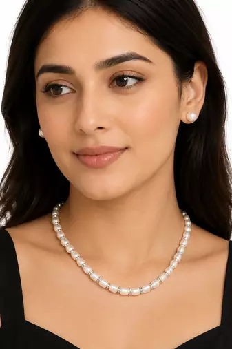Pearl necklace and stud earrings set, white, crystal rondelle spacers, silver-tone clasp, bridal jewellery