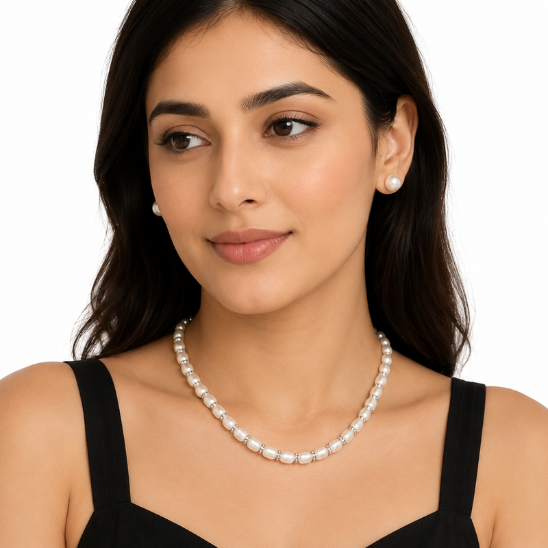 Pearl necklace and stud earrings set, white, crystal rondelle spacers, silver-tone clasp, bridal jewellery