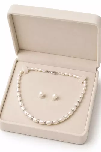 Pearl necklace and stud earrings set, white, crystal rondelle spacers, silver-tone clasp, bridal jewellery