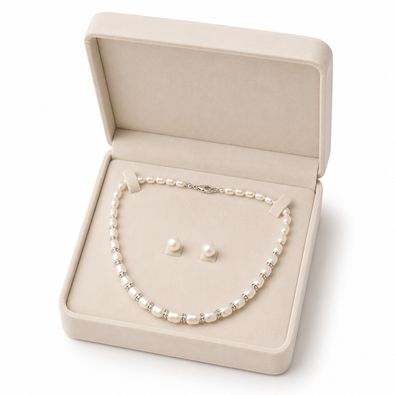 Pearl necklace and stud earrings set, white, crystal rondelle spacers, silver-tone clasp, bridal jewellery