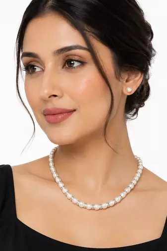 Pearl necklace and stud earrings set, white, crystal rondelle spacers, silver-tone clasp, bridal jewellery