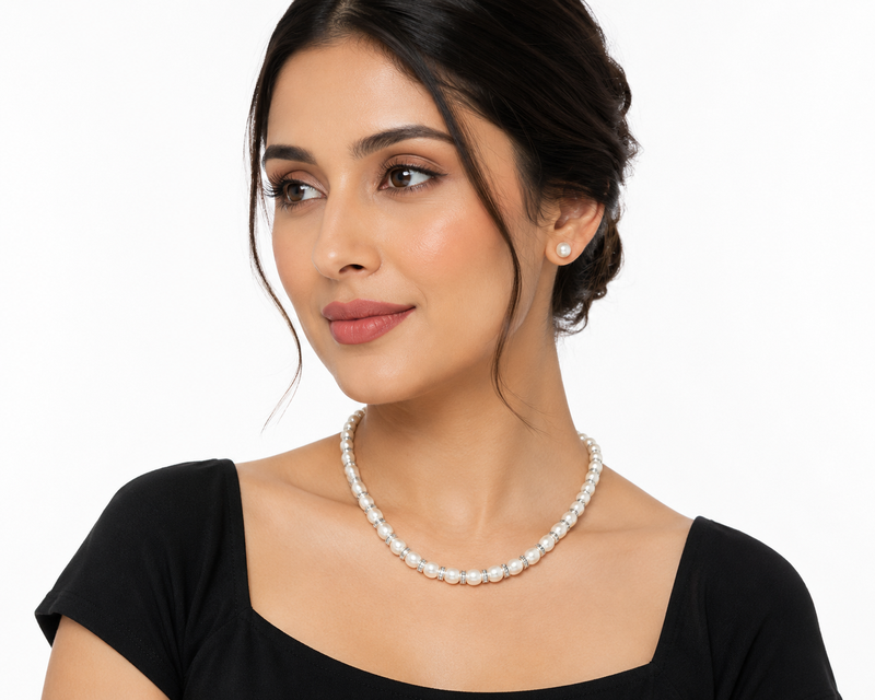 Pearl necklace and stud earrings set, white, crystal rondelle spacers, silver-tone clasp, bridal jewellery