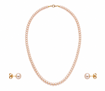 Pearl necklace and stud earrings jewellery set, pink freshwater pearls, gold-tone clasp, women 1