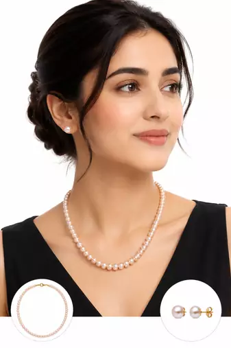 Pearl necklace and stud earrings jewellery set, pink freshwater pearls, gold-tone clasp, women