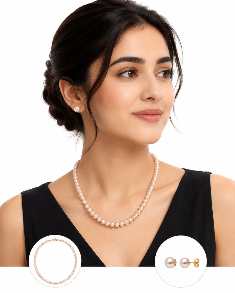 Pearl necklace and stud earrings jewellery set, pink freshwater pearls, gold-tone clasp, women