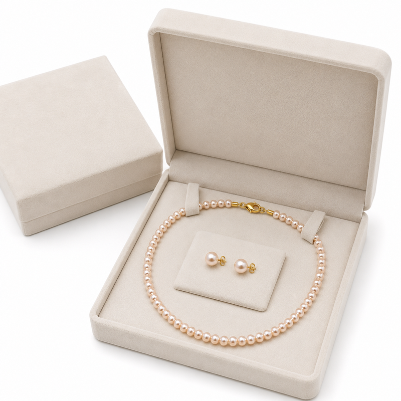 Pearl necklace and stud earrings jewellery set, pink freshwater pearls, gold-tone clasp, women