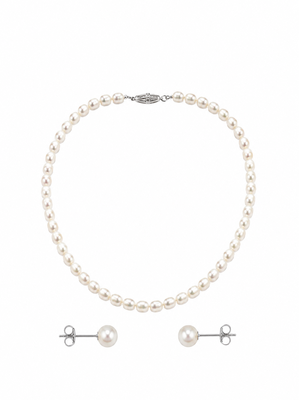 Pearl necklace and stud earrings jewellery set, white, silver clasp, elegant classic style 1