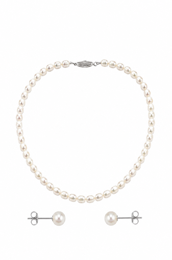 Pearl necklace and stud earrings jewellery set, white, silver clasp, elegant classic style
