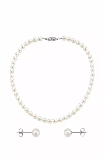Pearl necklace and stud earrings jewellery set, white, silver clasp, elegant classic style