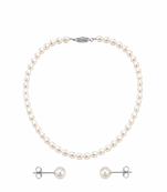 Pearl necklace and stud earrings jewellery set, white, silver clasp, elegant classic style