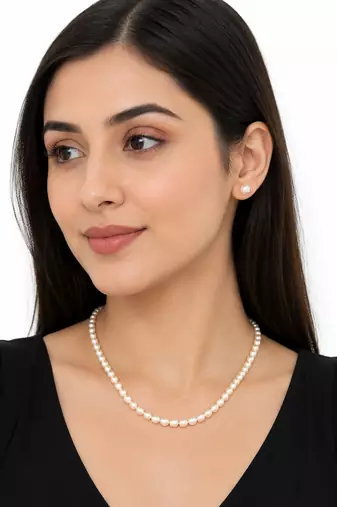 Pearl necklace and stud earrings jewellery set, white, silver clasp, elegant classic style