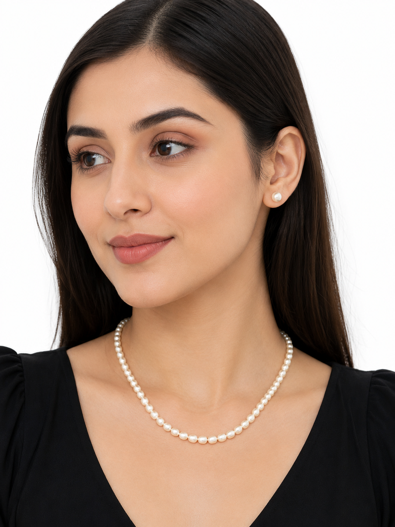 Pearl necklace and stud earrings jewellery set, white, silver clasp, elegant classic style