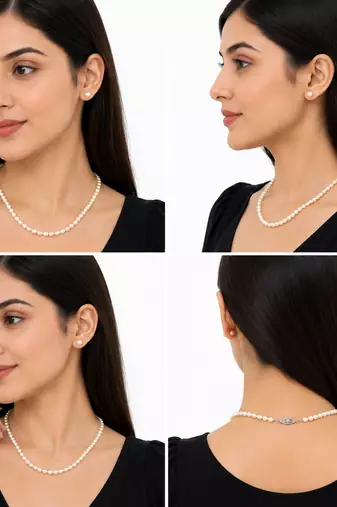 Pearl necklace and stud earrings jewellery set, white, silver clasp, elegant classic style