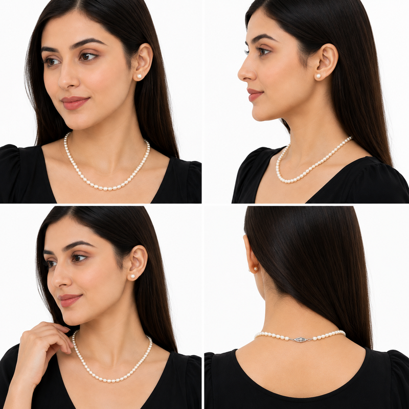Pearl necklace and stud earrings jewellery set, white, silver clasp, elegant classic style