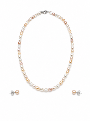 Freshwater pearl necklace and stud earrings set, multi-colour, rice shape, with lobster clasp 1