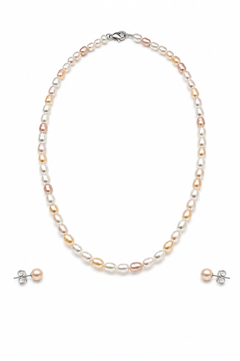 Freshwater pearl necklace and stud earrings set, multi-colour, rice shape, with lobster clasp
