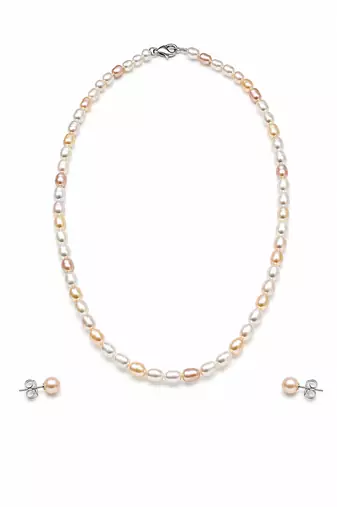 Freshwater pearl necklace and stud earrings set, multi-colour, rice shape, with lobster clasp