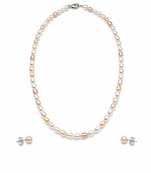 Freshwater pearl necklace and stud earrings set, multi-colour, rice shape, with lobster clasp