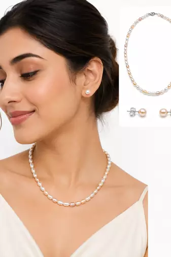 Freshwater pearl necklace and stud earrings set, multi-colour, rice shape, with lobster clasp