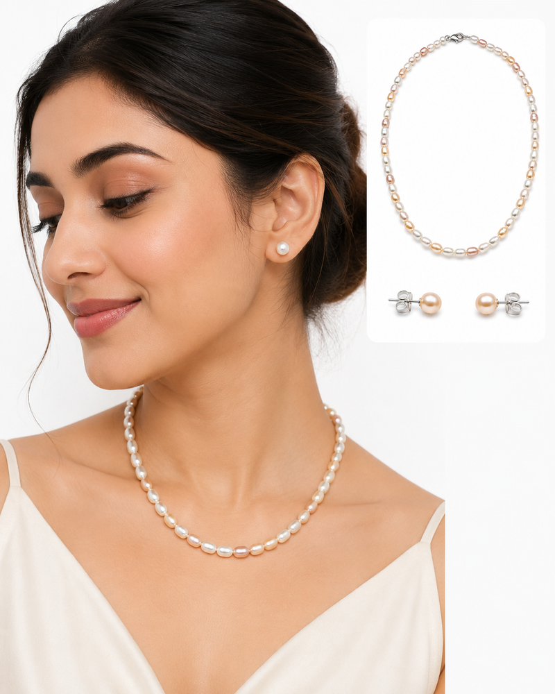 Freshwater pearl necklace and stud earrings set, multi-colour, rice shape, with lobster clasp
