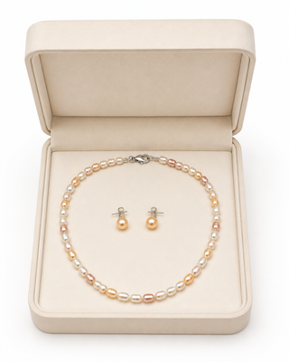 Freshwater pearl necklace and stud earrings set, multi-colour, rice shape, with lobster clasp 3