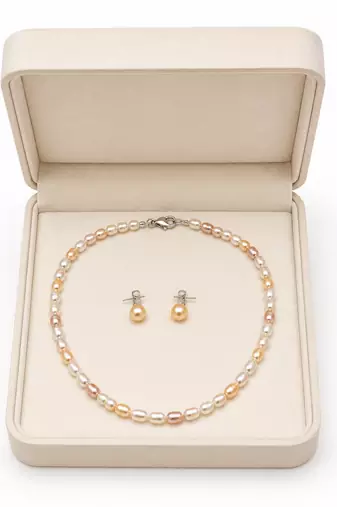 Freshwater pearl necklace and stud earrings set, multi-colour, rice shape, with lobster clasp