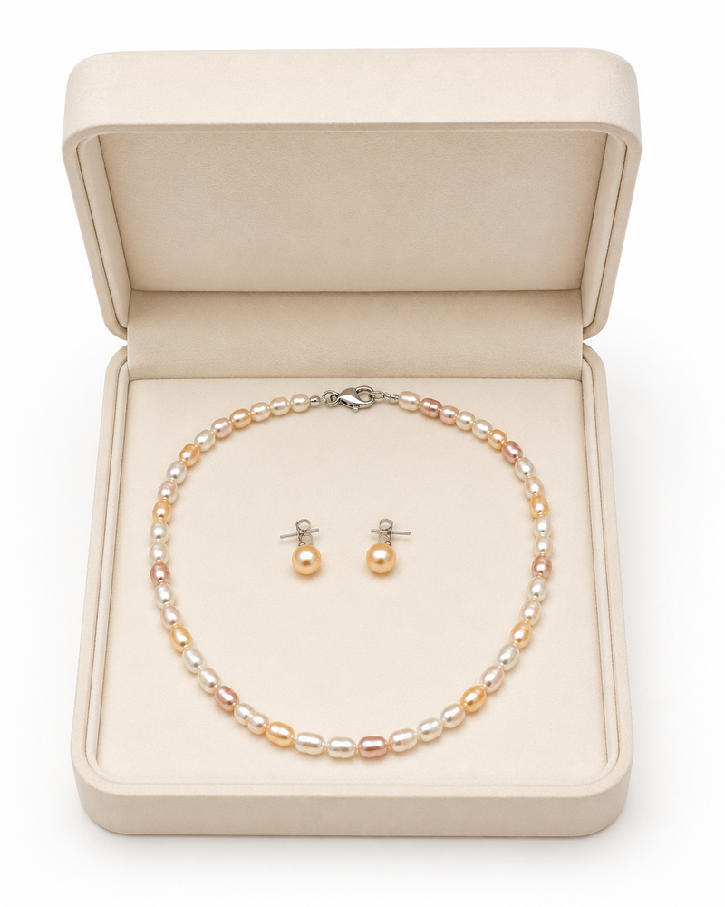 Freshwater pearl necklace and stud earrings set, multi-colour, rice shape, with lobster clasp