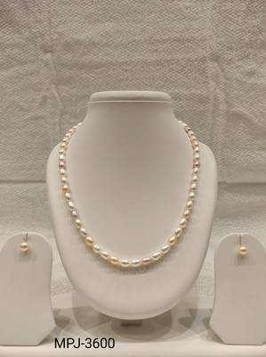 Freshwater pearl necklace and stud earrings set, multi-colour, rice shape, with lobster clasp 4