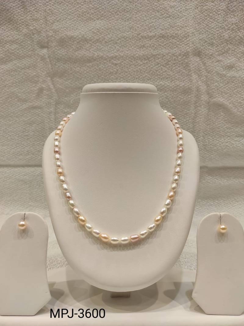 Freshwater pearl necklace and stud earrings set, multi-colour, rice shape, with lobster clasp