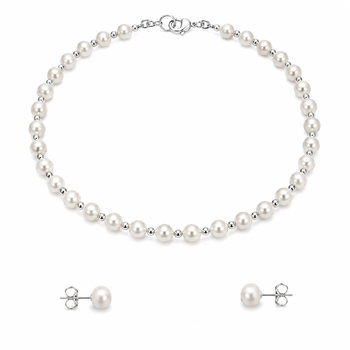 Pearl necklace and stud earrings jewellery set, white, silver beads, lobster clasp, women 1