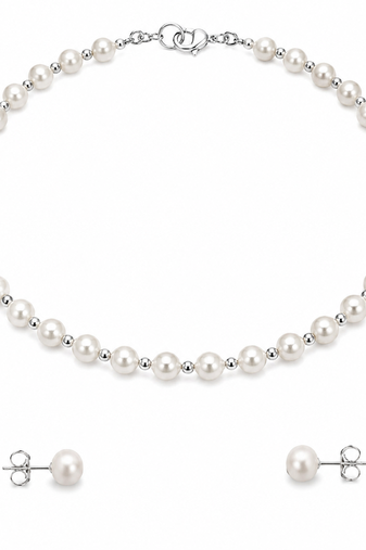 Pearl necklace and stud earrings jewellery set, white, silver beads, lobster clasp, women