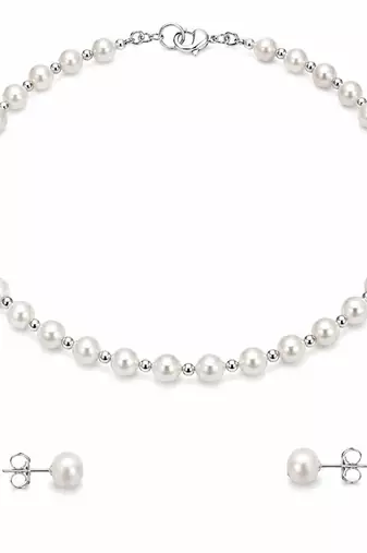Pearl necklace and stud earrings jewellery set, white, silver beads, lobster clasp, women