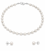 Pearl necklace and stud earrings jewellery set, white, silver beads, lobster clasp, women