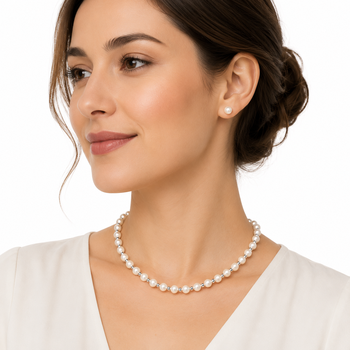 Pearl necklace and stud earrings jewellery set, white, silver beads, lobster clasp, women 2