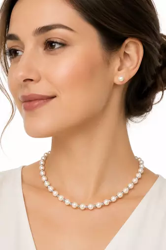 Pearl necklace and stud earrings jewellery set, white, silver beads, lobster clasp, women
