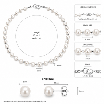 Pearl necklace and stud earrings jewellery set, white, silver beads, lobster clasp, women 3