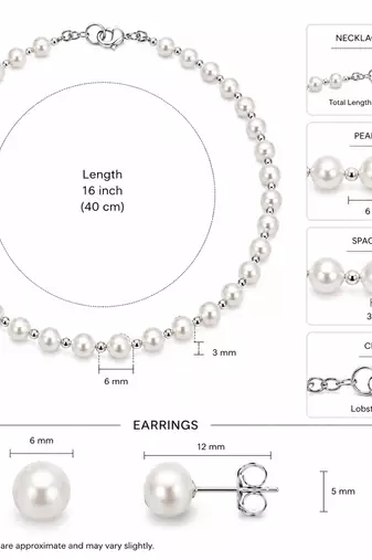 Pearl necklace and stud earrings jewellery set, white, silver beads, lobster clasp, women