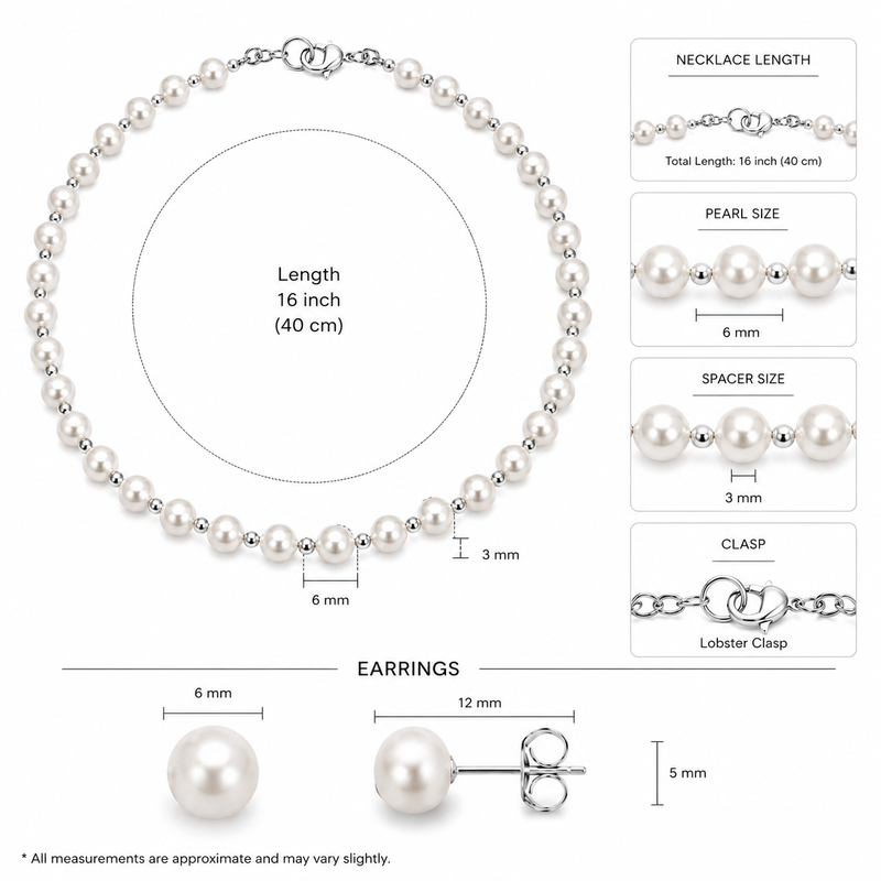 Pearl necklace and stud earrings jewellery set, white, silver beads, lobster clasp, women