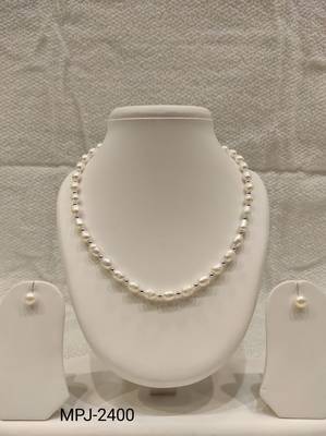 Pearl necklace and stud earrings jewellery set, white, silver beads, lobster clasp, women 4