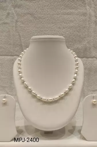 Pearl necklace and stud earrings jewellery set, white, silver beads, lobster clasp, women