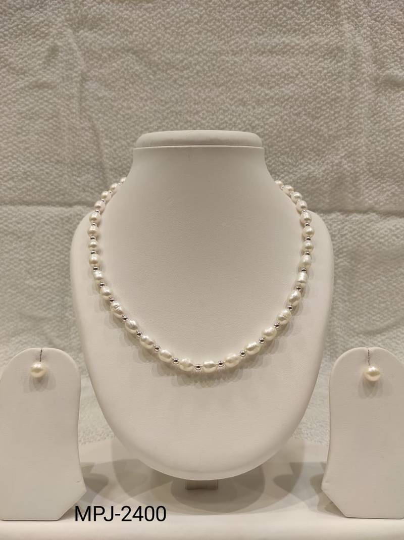 Pearl necklace and stud earrings jewellery set, white, silver beads, lobster clasp, women