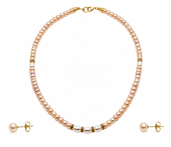 Pearl necklace and earring set, pink and white freshwater pearls, gold-tone accents, women's jewellery 1