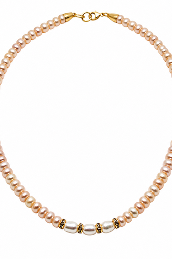 Pearl necklace and earring set, pink and white freshwater pearls, gold-tone accents, women's jewellery