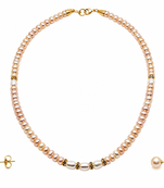 Pearl necklace and earring set, pink and white freshwater pearls, gold-tone accents, women's jewellery