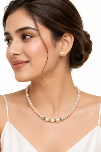 Pearl necklace and earring set, pink and white freshwater pearls, gold-tone accents, women's jewellery