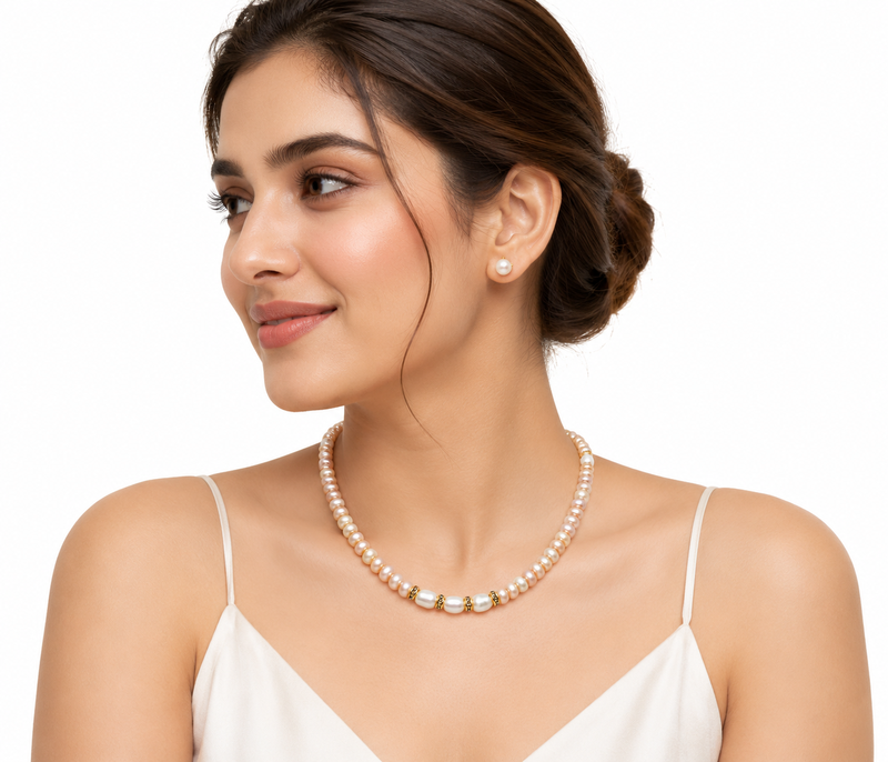 Pearl necklace and earring set, pink and white freshwater pearls, gold-tone accents, women's jewellery