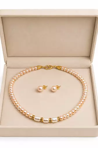 Pearl necklace and earring set, pink and white freshwater pearls, gold-tone accents, women's jewellery