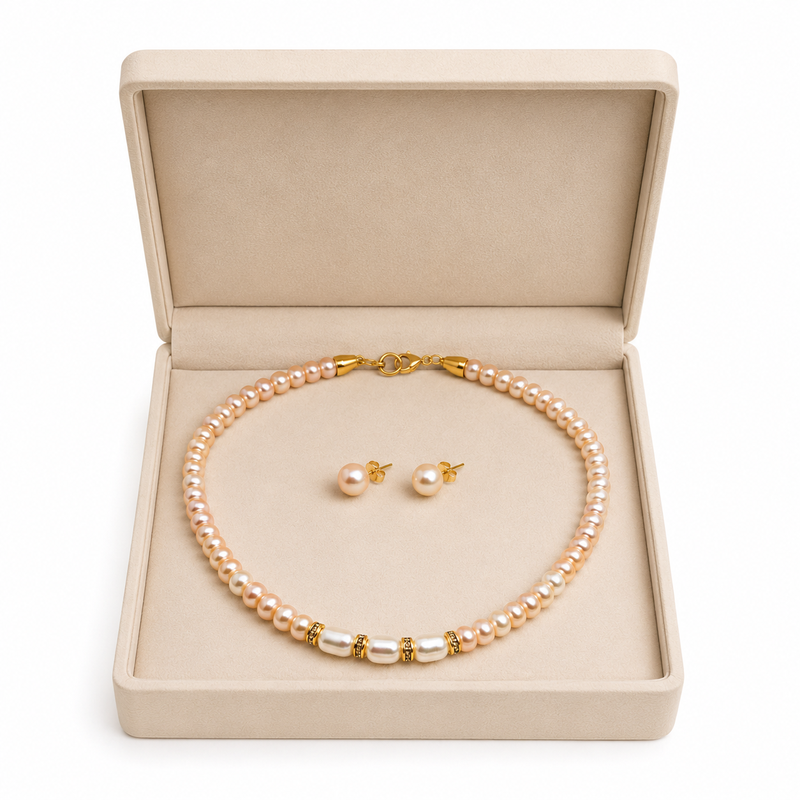 Pearl necklace and earring set, pink and white freshwater pearls, gold-tone accents, women's jewellery